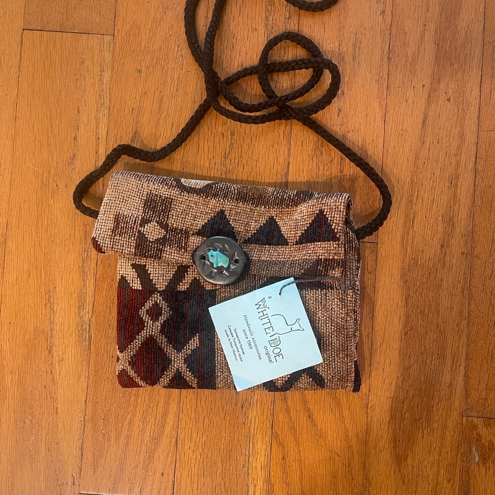 White Doe Stoneware Button Purse with Real Hand Carved Turquoise Carved Buffalo